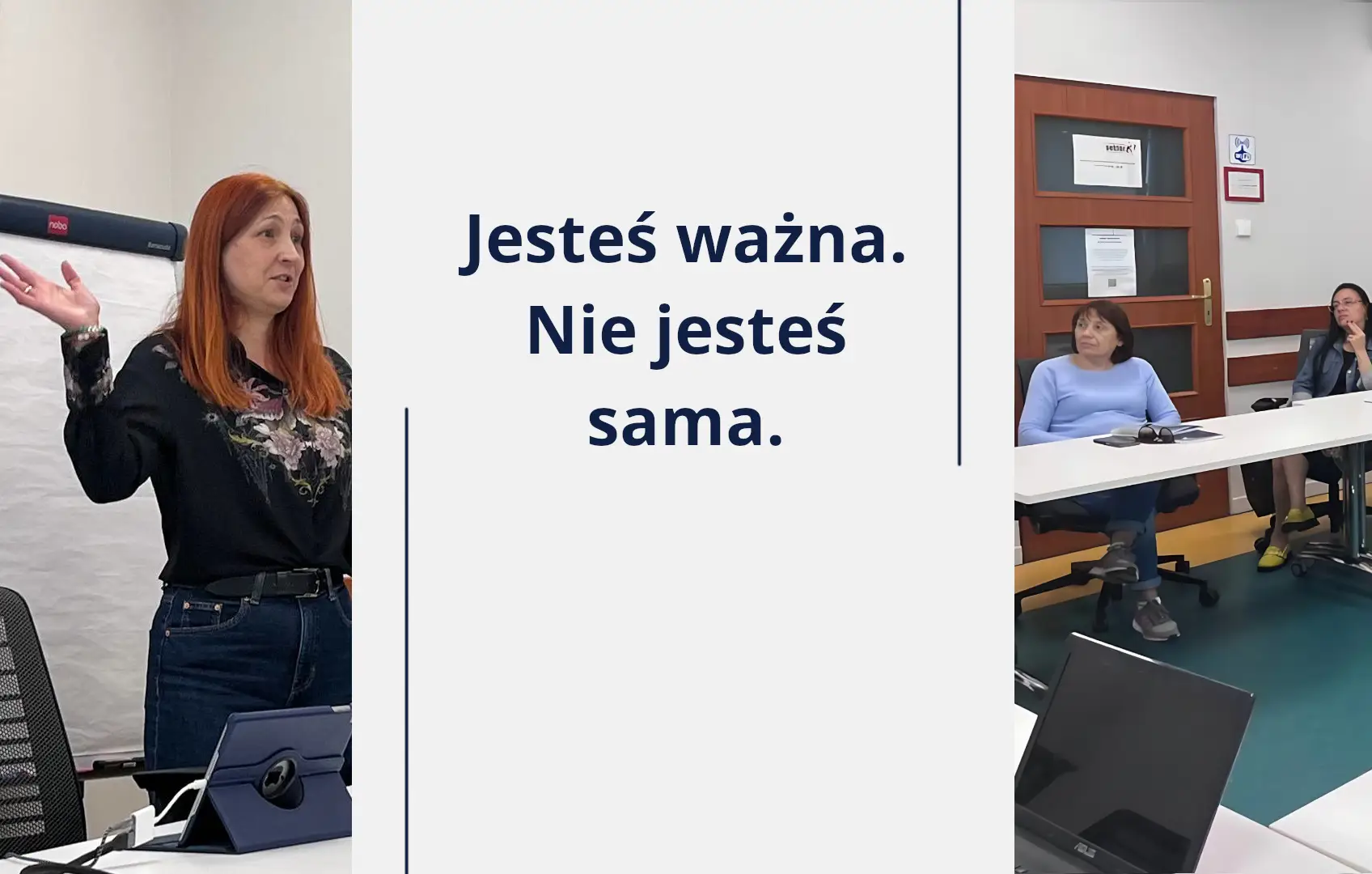 Po lewej kobieta prowadząca szkolenie o stresie, na środku napis „Jesteś ważna. Nie jesteś sama” na pastelowym tle, po prawej grupa kobiet uczestniczących w spotkaniu.